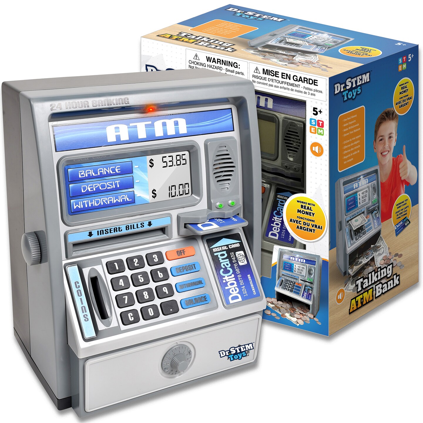 Dr. STEM: Talking ATM Bank - Light &#x26; Sounds Toy, Real Money Piggy Bank, Digital Screen, Bill Feeder &#x26; Electronic Calculator, Play Bank Card, Kids 5+