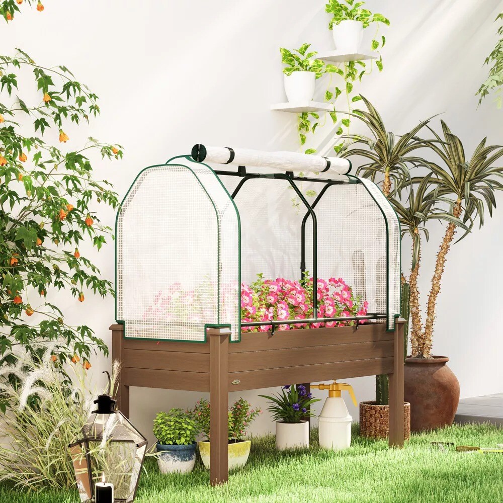 Outdoor Wooden Raised Garden Bed with PE Greenhouse Cover