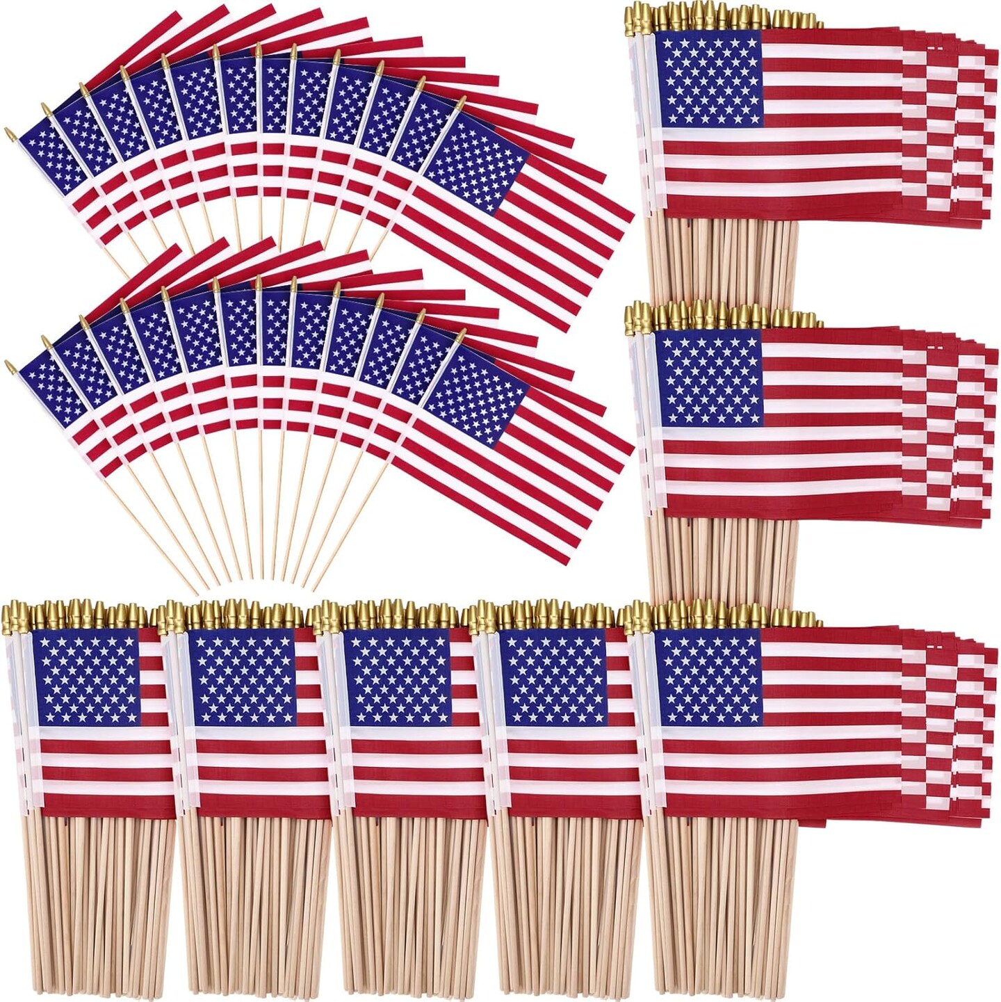 300 Pack Small American Flag on Stick 5 x 8 Inch Mini Handheld US Flag with Solid Wooden Pole Safety Spear Tip for Memorial Day 4th of July