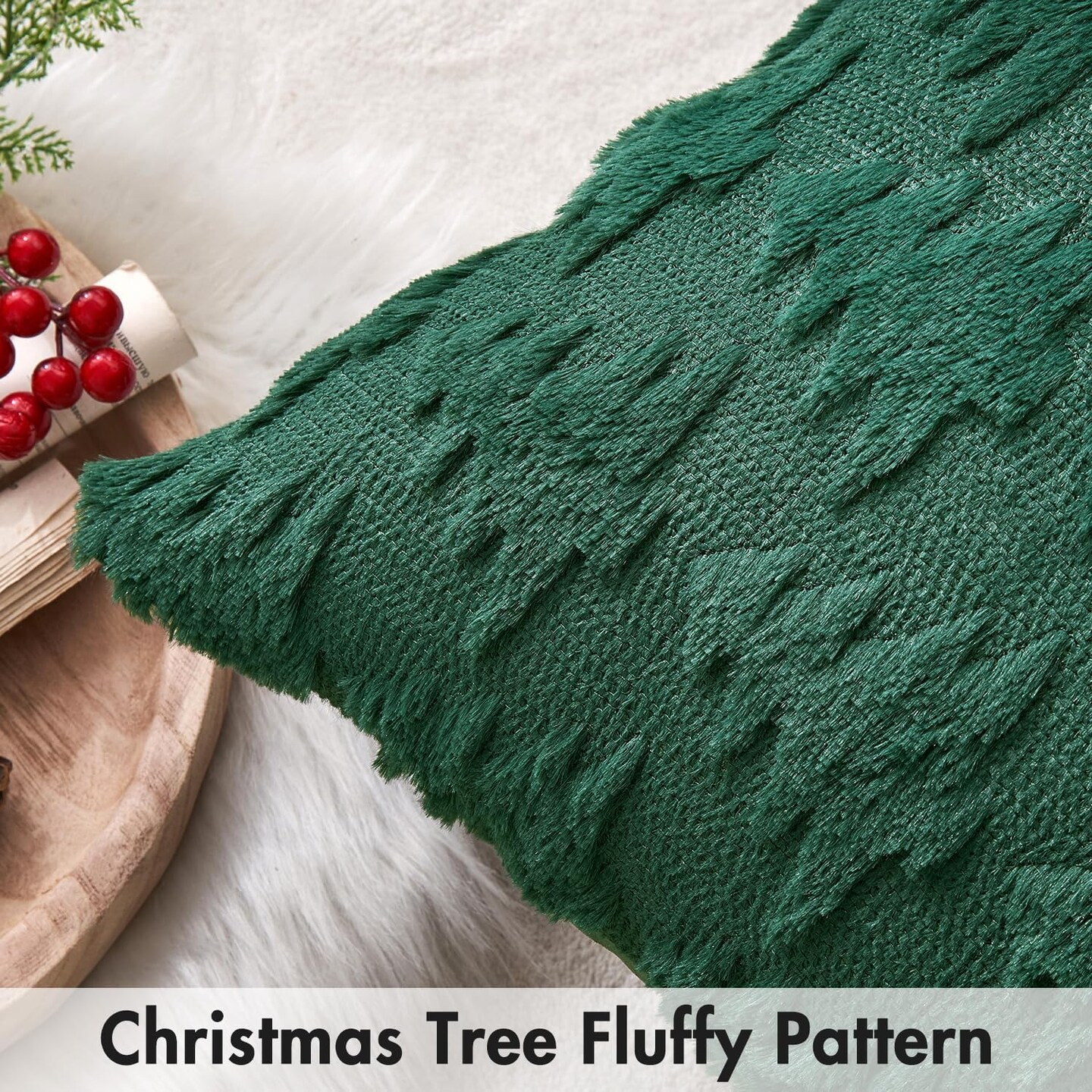 Christmas Throw Pillow Covers – Set of 2 Dark Green Xmas Tree Decorative Pillowcases, 18x18 Inches, Soft Plush Faux Wool Holiday Cushion Covers for Sofa, Couch, Bed, Porch