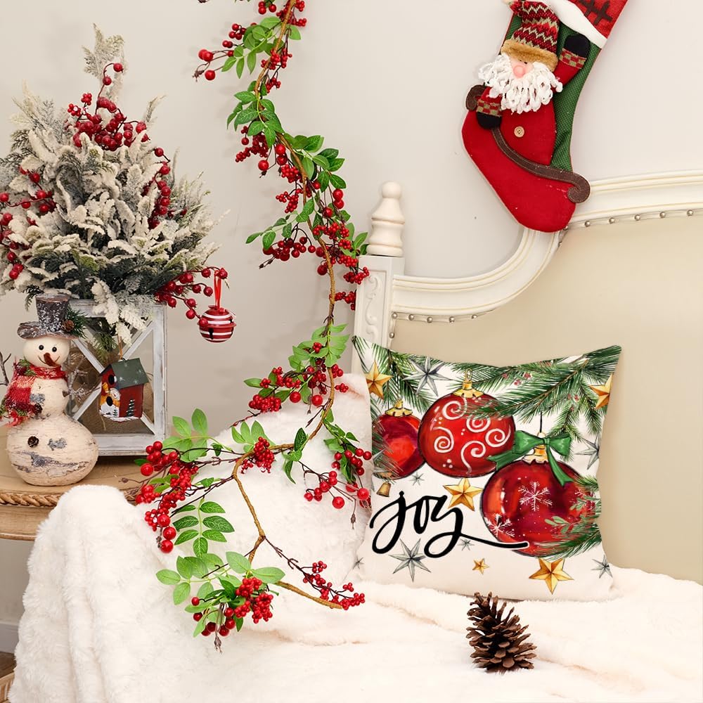 Christmas Pillow Cover 18X18 Inch Baubles Christmas Tree Stars Joy Decoration Holiday Farmhouse Winter Pillow Case for Sofa Couch Decor&#xFF08;Red&#xFF09; AA613-18