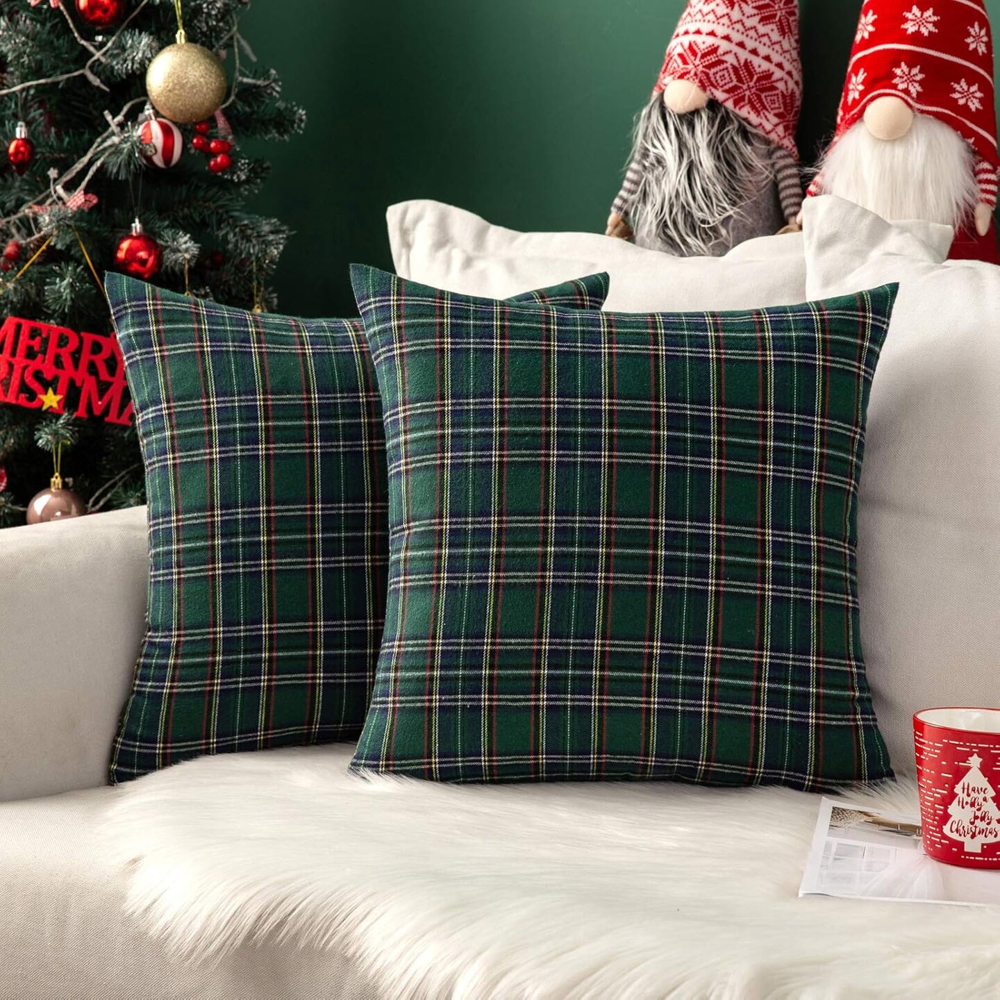 Christmas Set of 2 Scottish Tartan Plaid Throw Pillow Covers Farmhouse Classic Decorative Square Cushion Cases for Decor Sofa Couch 18x18 Inch, Green
