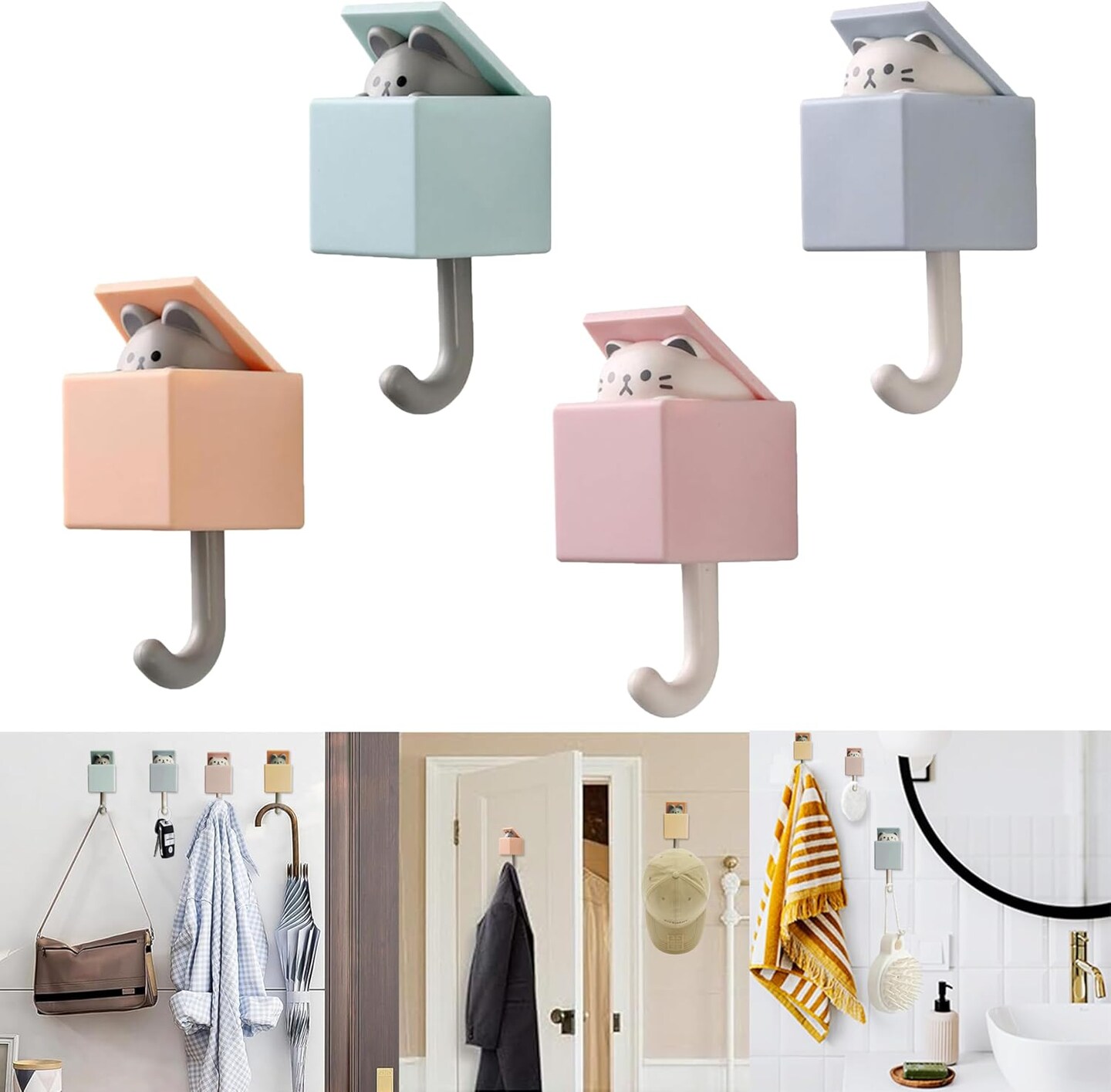 4 Pcs Cute Adhesive Wall Hooks for Coats,Towel,Robes,Bag,Key,Heavy Duty Command Hooks Can Bear 2.4 Kg,Creative Pet Decorative Wall Hook for Living Room,Bathroom,Bedroom