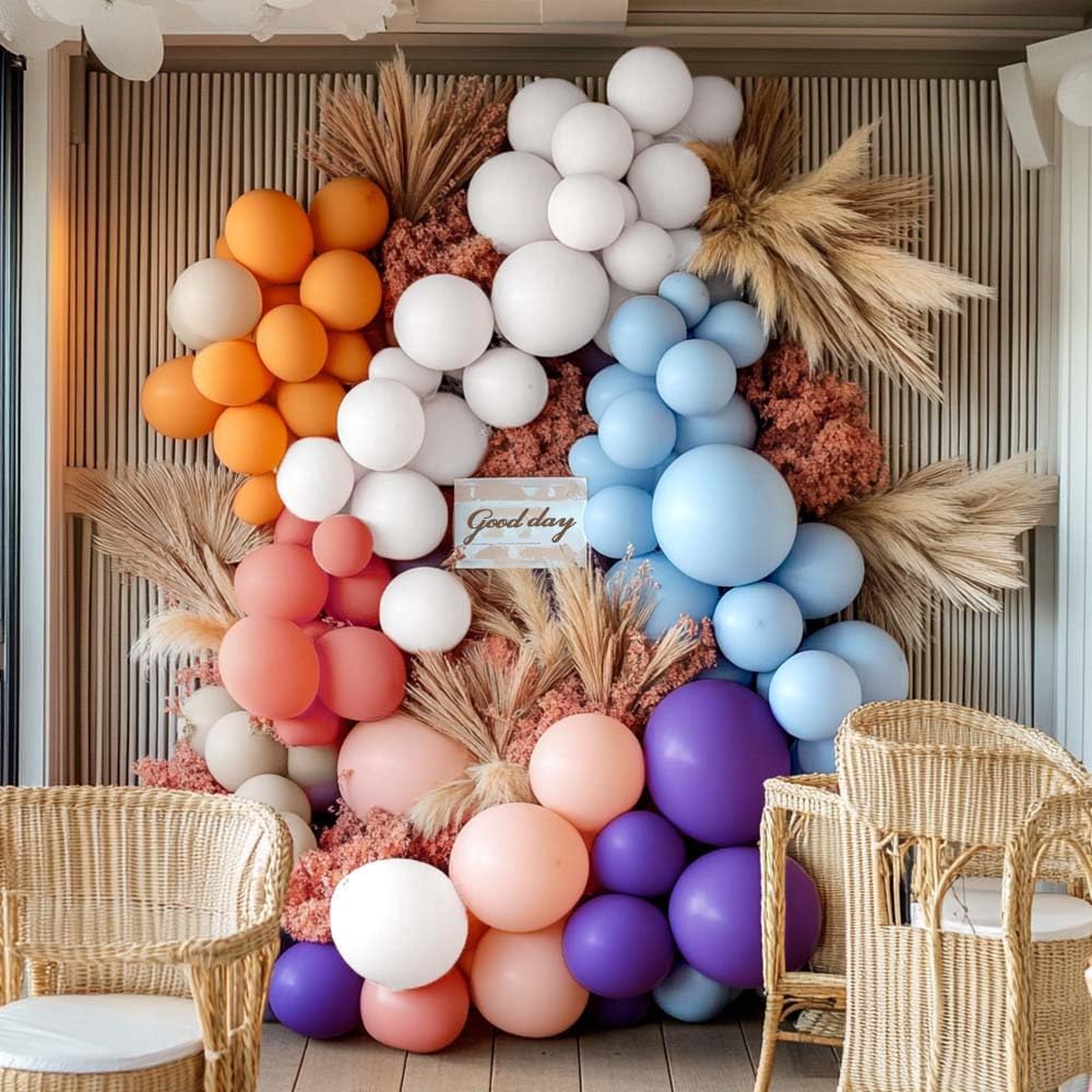 Pastel Balloon Garland Double Stuffed Pink Orange Purple Balloons Kit Different Size Peach and Blue White Balloon Arch For Wildflower Birthday Baby Shower Fairy Daisy Summer Floral Hawaii Party Decor