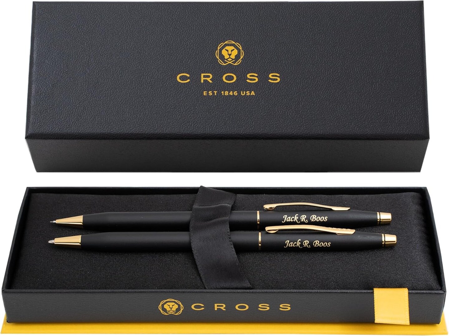 Cross Pen Set | Personalized Cross Classic Century Ballpoint Pen and 0.7mm Pencil Set. Matte Black Finish with Gold Trim. Iconic Cross Gift Set.