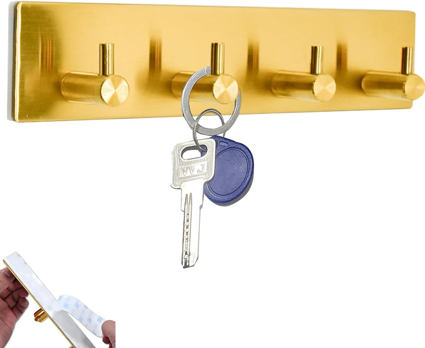 Wall-Mounted Key Holder with 4 Heavy Duty Hooks – 304 Stainless Steel Adhesive Key Organizer for Kitchen, Bedroom, Bathroom, Gold Finish Gold(4 Hooks)