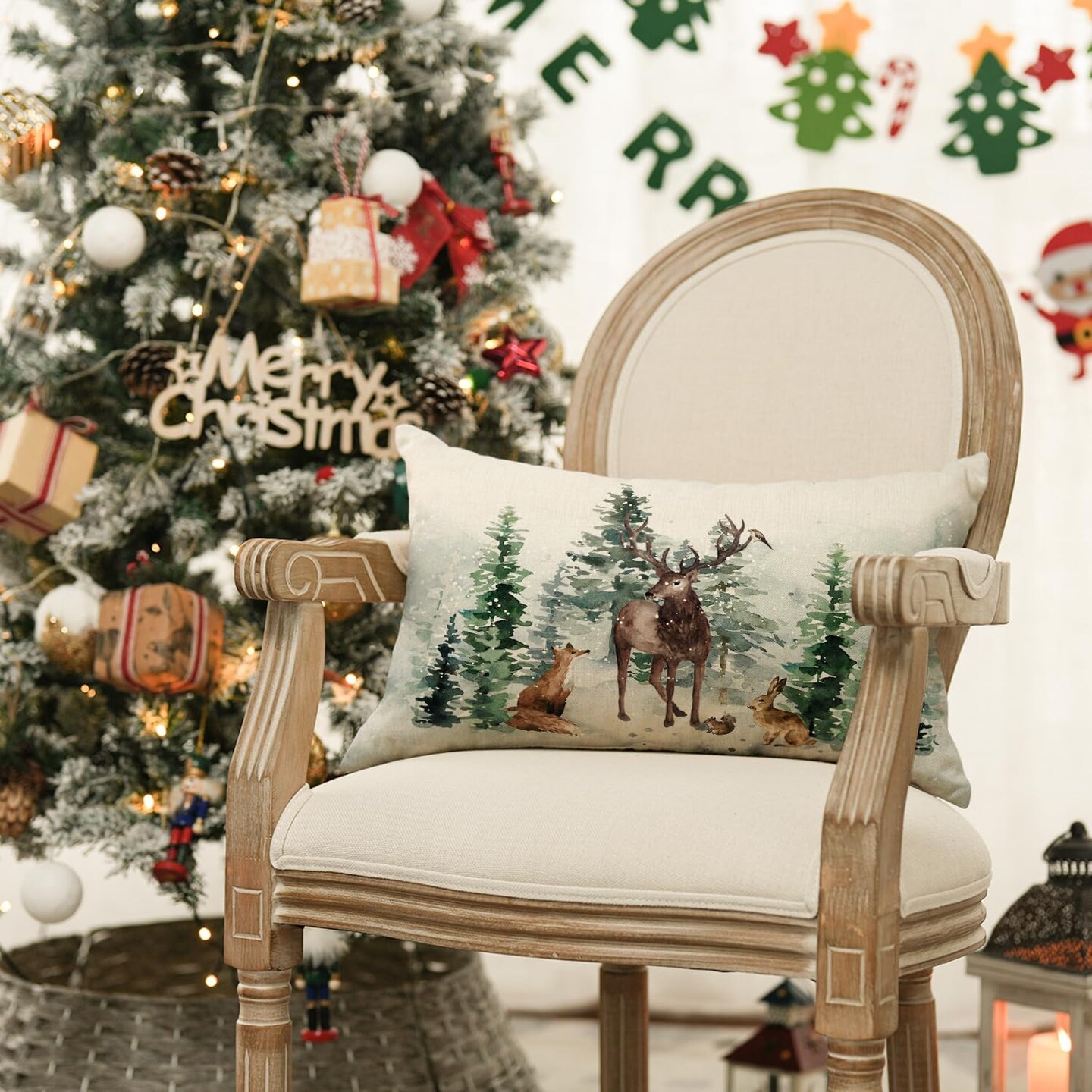 Christmas Trees Reindeer Throw Pillow Cover, 12 x 20 Inch Xmas Winter Holiday Animals Cushion Case Decoration for Sofa Couch