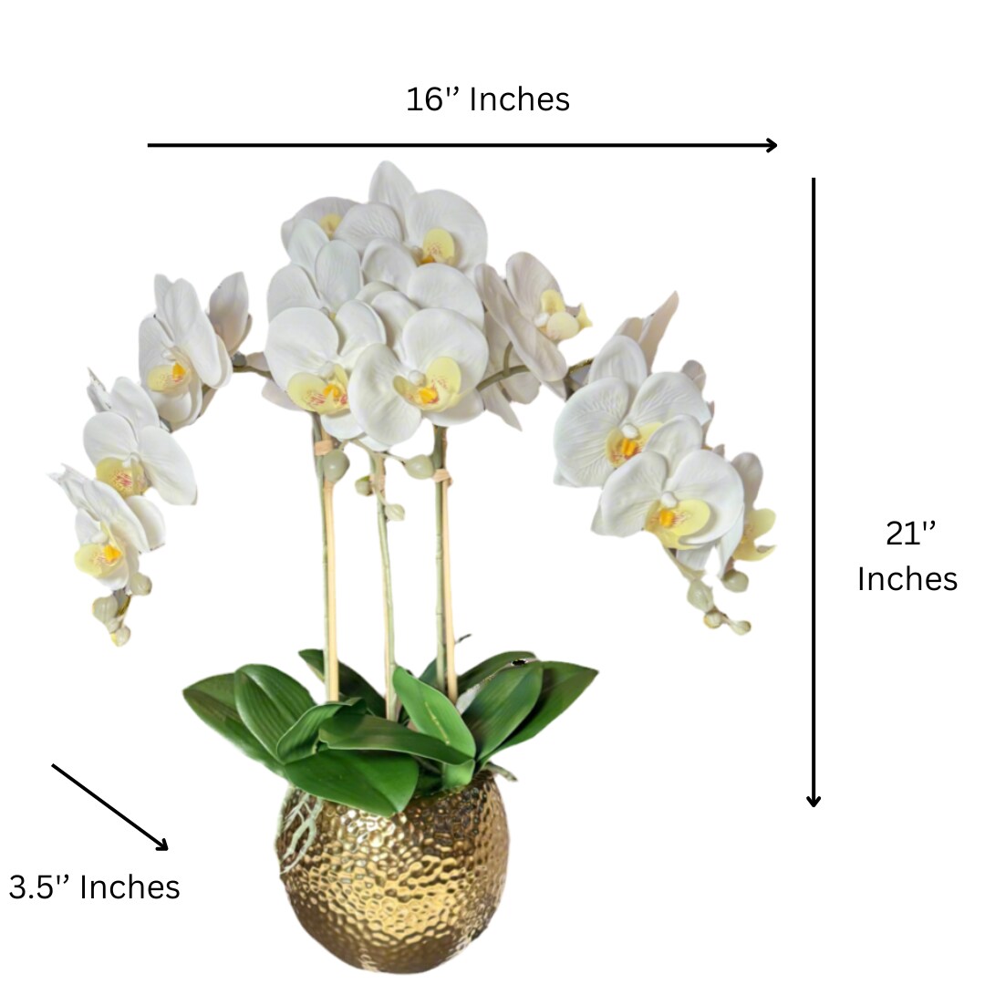 Selina Real Touch White Orchid Arrangement in Gold Ceramic Round Hammered Vase Phalaenopsis Floral