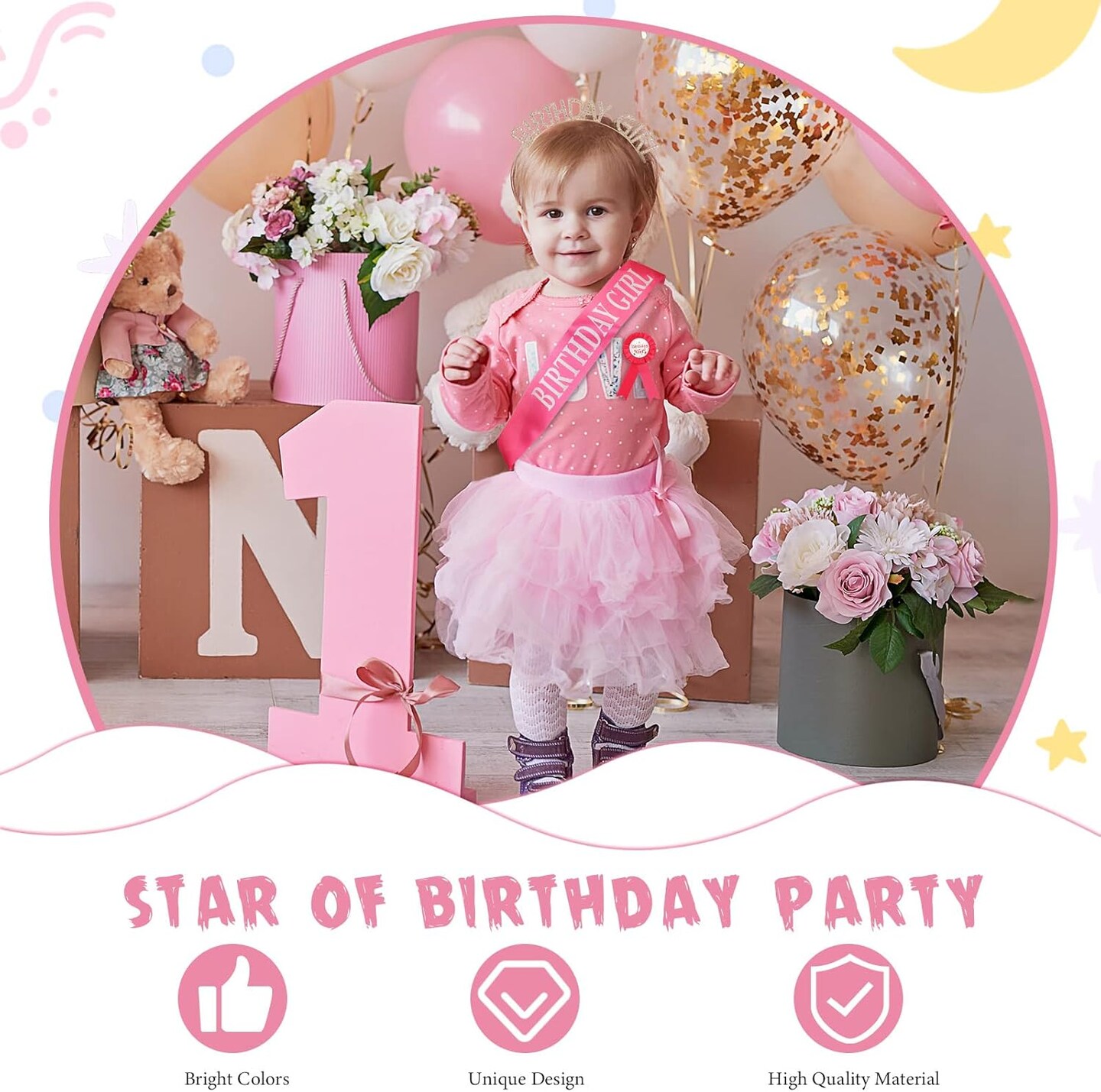 Birthday Girl Set - Rose Red - Sash, Crown, and Award Ribbon for Girls&#x27; Birthday Party Decorations