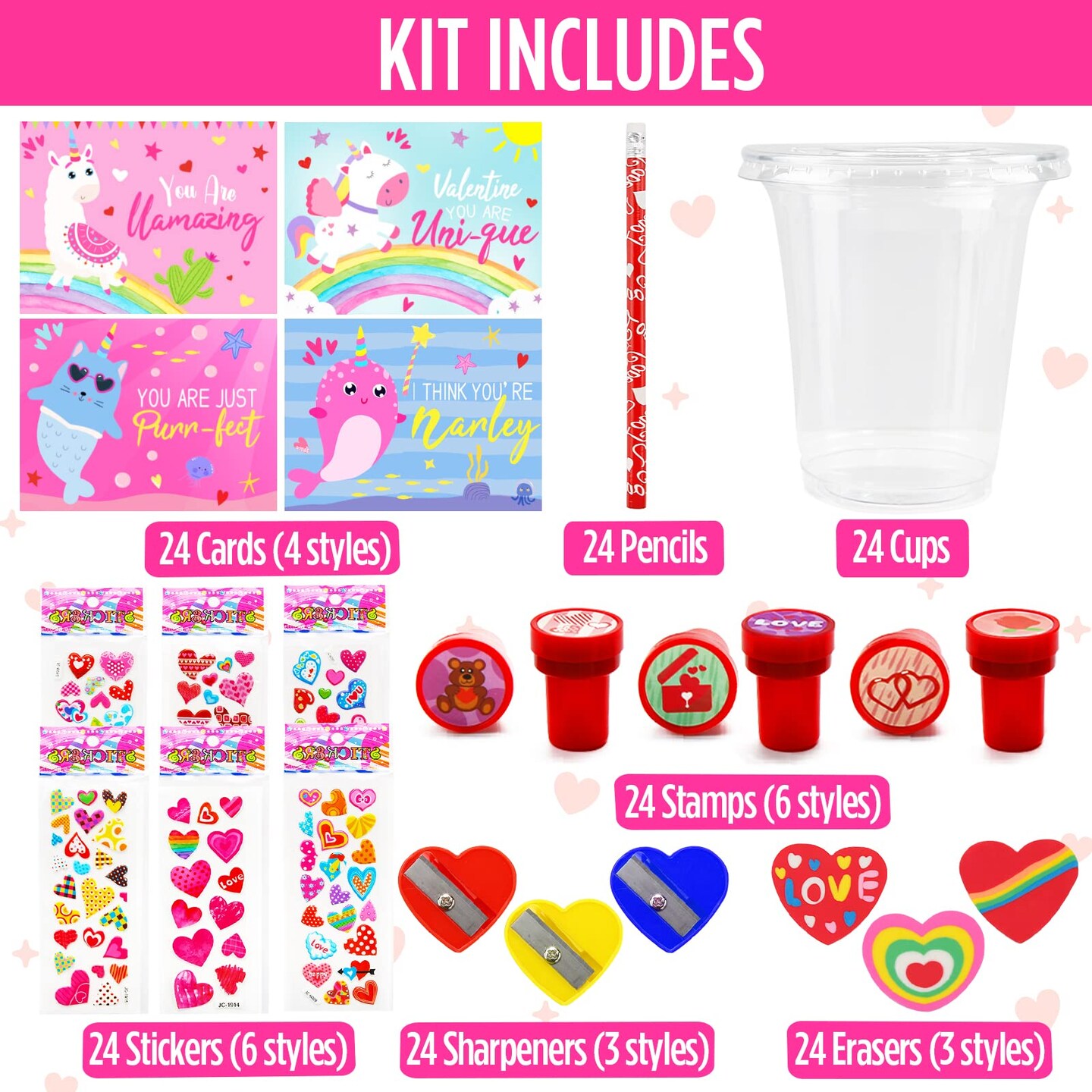 Valentines Day Gifts for Kids - 24 Pack Valentines Day Stationery Gift with Cards Pencils Stickers Erasers Stampers Sharpener Cups Classroom Prize School Exchange Boys Girls Party Favors