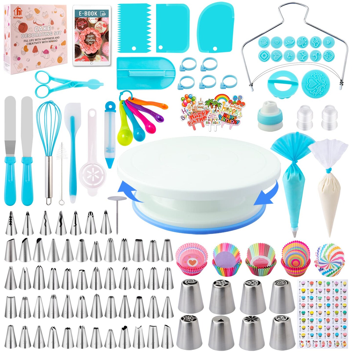 Cake Decorating Supplies Kit Tools 356pcs, Nifogo Baking Accessories with Cake Turntable, Pastry Piping Bag, Piping Icing Tips for Beginners