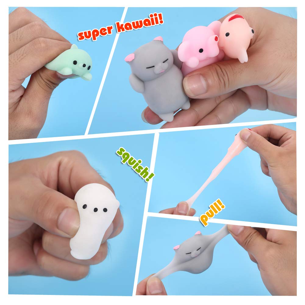 Squishies Squishy Toy 24pcs Party Favors for Kids Mochi Squishy Toy moji Kids Mini Kawaii squishies Mochi Stress Reliever Anxiety Toys Easter Basket Stuffers fillers with Storage Box