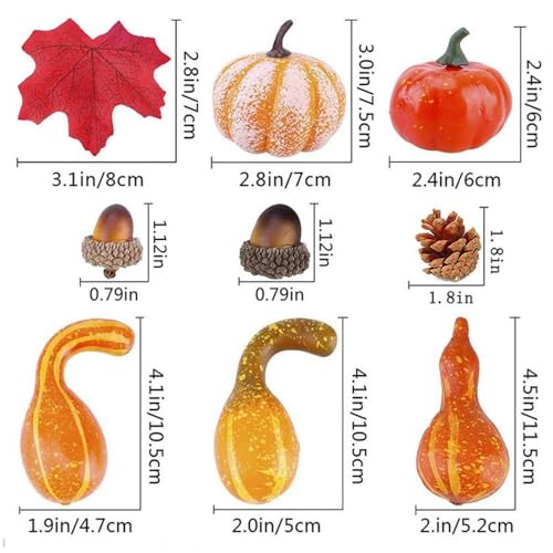 50 PCS Thanksgiving Fall Harvest Decor Set, 8 PCS Artificial Pumpkins,30 PCS Lifelike Maple Leaves,10pcs Realistic Acorn,2pcs Pine Cones,Halloween Wedding Tables Centerpieces  & Organizer Storage Tote Bag