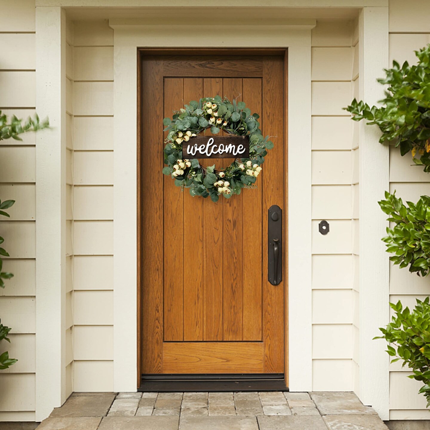 Green Artificial Eucalyptus Wreath with Welcome Sign 20in Spring Summer Wreath with White Berries for Front Door Wall Window Festival Porch Farmhouse Patio Garden Decor