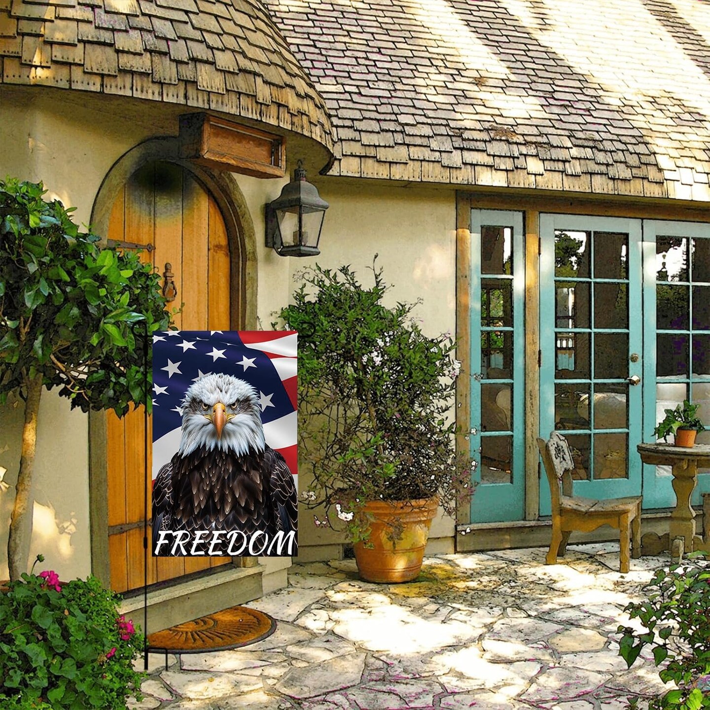Bald Eagle Freedom Garden Flag - Bald Eagle with American Flag and &#x27;FREEDOM&#x27; Banner