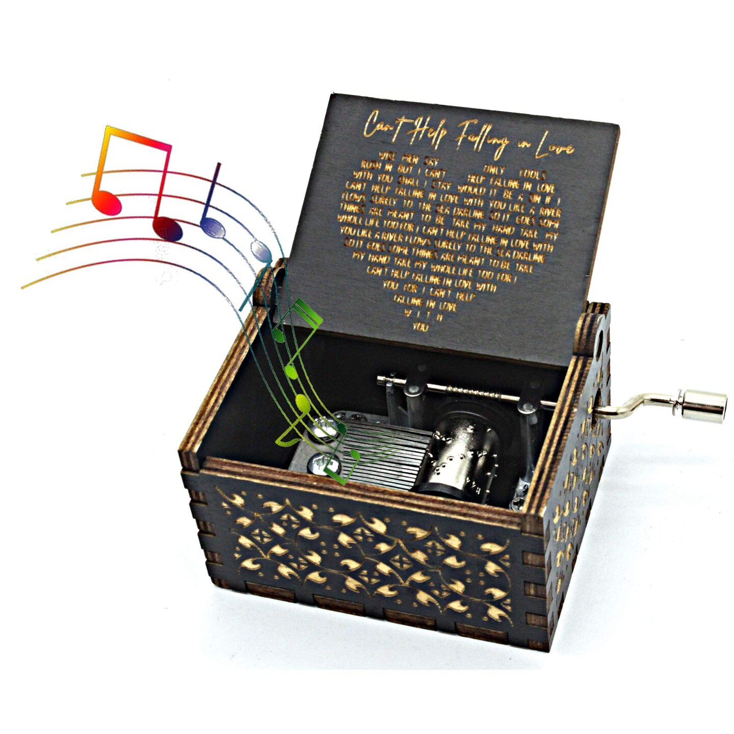 Can&#x27;t Help Falling in Love Wood Music Box, Antique Engraved Musical Boxes Case for Love One Wooden Music Box - Gifts for Lover, Boyfriend, Girlfriend, Husband, Wife (Black)
