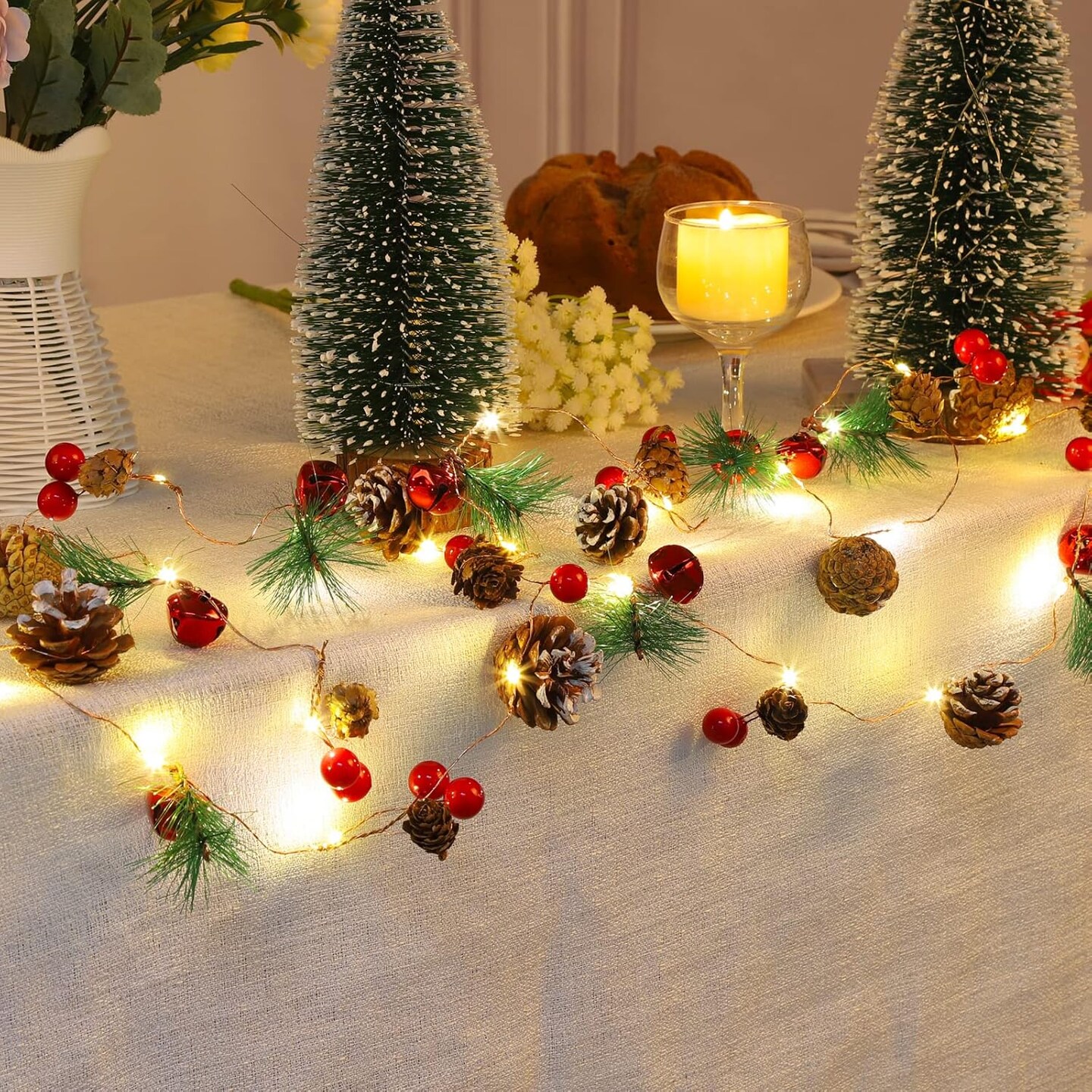 Christmas Garland with String Lights 10 Ft 30 LED Pine Cone Red Berry Bells Garland Lights, Indoor Christmas Decorations for Home and Fireplace Mantel Decor,Christmas Tree Decor (Red)