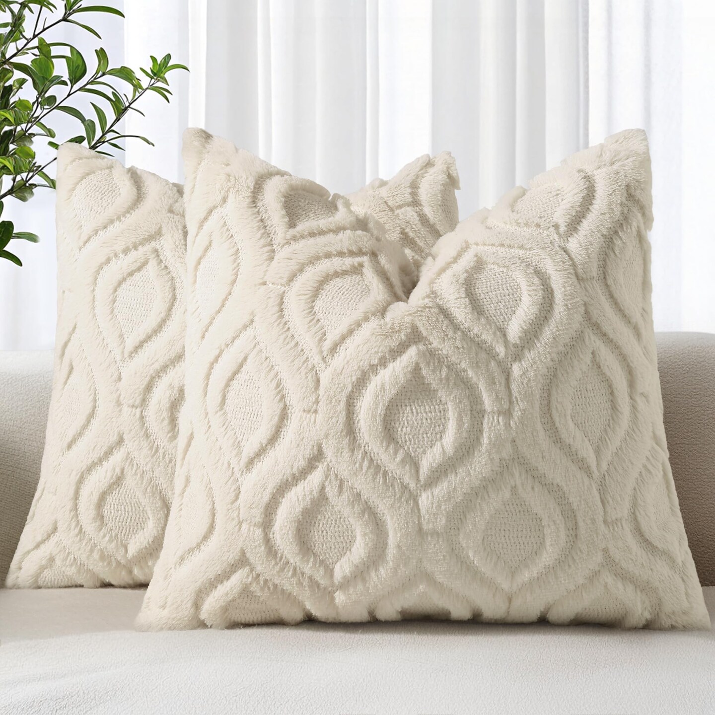 Throw Pillow Covers 18x18 Inch Set of 2, Soft Plush Faux Wool Beige Couch Pillow Covers, Solid Dyed Accent Pillow Cases for Sofa Bed Living Room Home Decor
