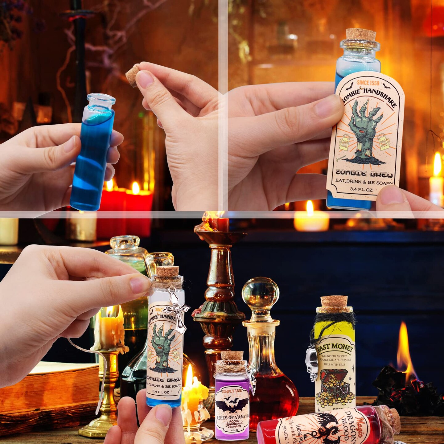 99 Pcs Apothecary Bottles Set with Halloween Stickers &#x26; Pendants - Tiered Tray Decor for Indoor Halloween Party Supplies