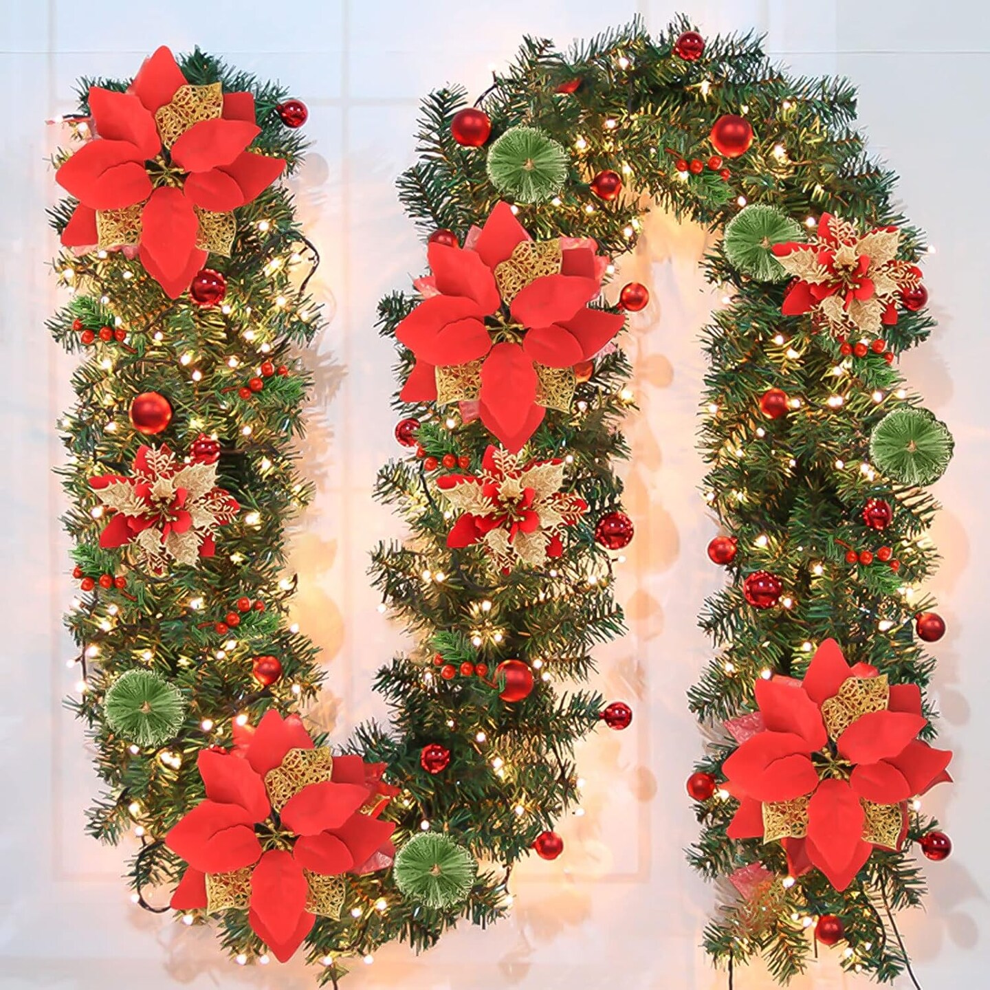 Christmas Garland, 9ft Pre-lit Christmas Decorations Garland with Lights for Front Door, Artificial Green Rattan, for Xmas Tree, Mantel Stairs Home Indoor Outdoor Christmas Decor Wreath (Red)