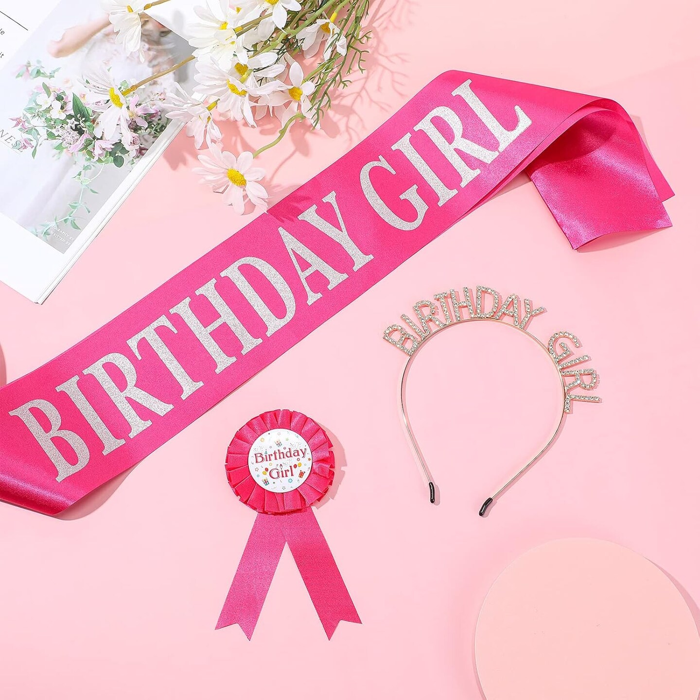 Birthday Girl Set - Rose Red - Sash, Crown, and Award Ribbon for Girls&#x27; Birthday Party Decorations