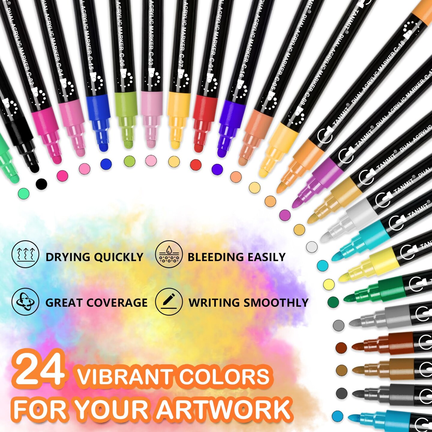 24 Colors Dual Tip Acrylic Paint Pens for Rock Painting, Wood, Canvas, Stone, Glass, Ceramic Surfaces, DIY Crafts Making Art Supplies (Round Tip and Fine Tip) &#x26; Organizer Storage Tote Bag