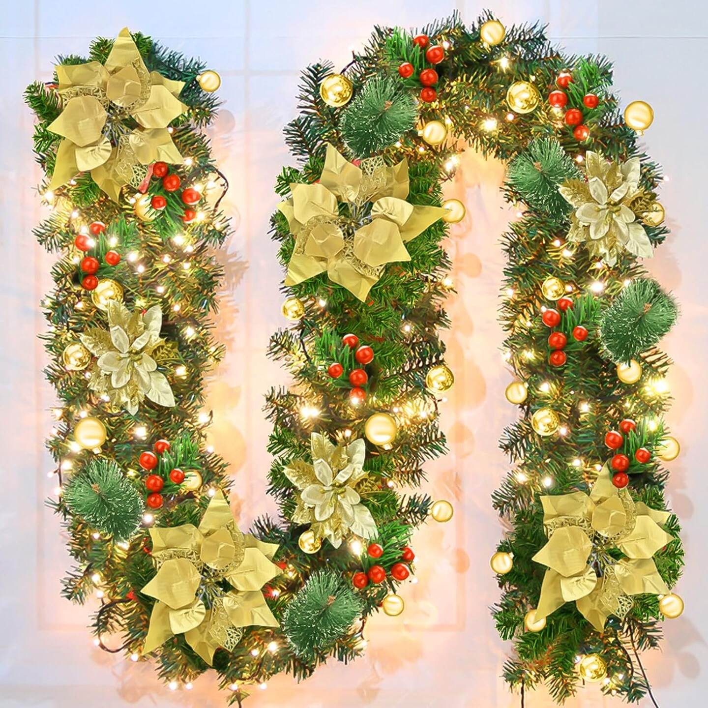 Christmas Garland, 9ft Pre-lit Christmas Decorations Garland with Lights for Front Door, Artificial Green Rattan, for Xmas Tree, Mantel Stairs Home Indoor Outdoor Christmas Decor Wreath (Gold)