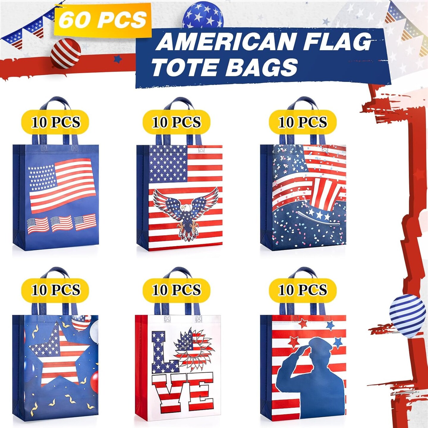 60 Pcs Patriotic Gift Bags Bulk Non Woven American Flag Party Favor Bags with Handles Memorial Day 4th of July Party Supplies