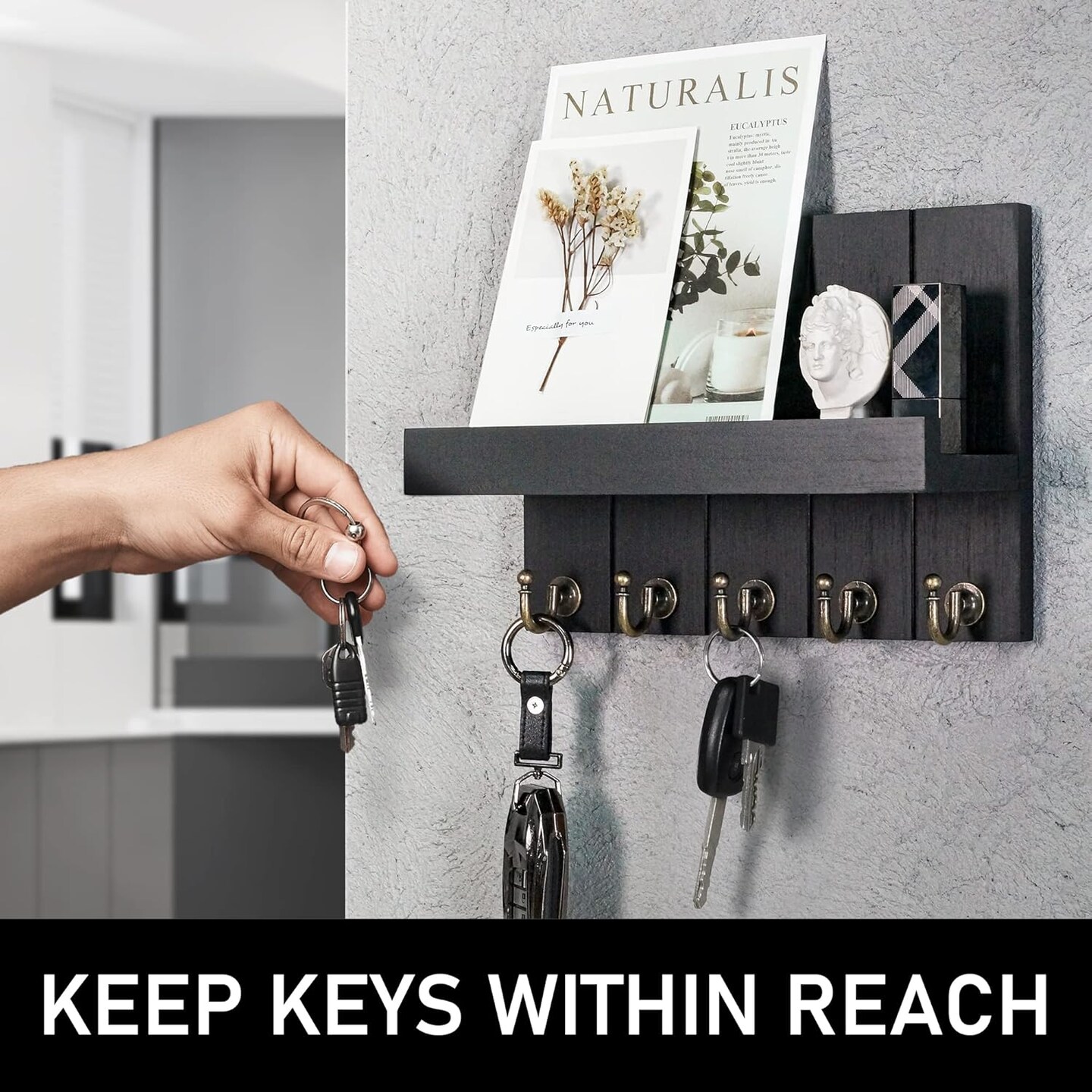 Decorative Farmhouse Key Holder for Wall - Modern Key Racks for Wall Decor Living Room and Mail Organizer with Shelf for Apartment Essentials