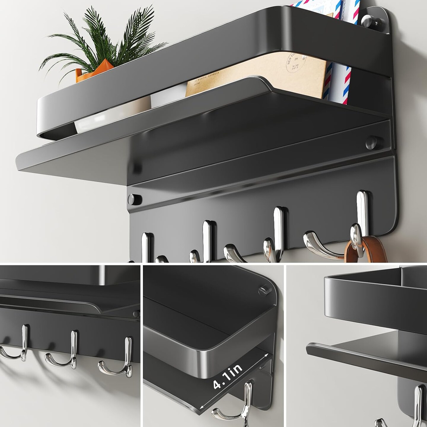 Black Metal Wall-Mounted Key and Mail Holder with Shelf – Heavy-Duty Aluminum Entryway Organizer with 8 Hooks, Wallet & Sunglasses Storage Rack (Black)
