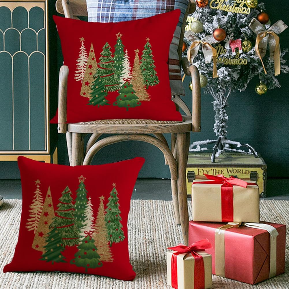 Christmas Pillow Covers 18x18 Inch Tree Christmas Decorations Velvet Red Christmas Throw Pillow Cases Xmas Christmas Decor Winter Decorative Pillows for Couch Holiday Soft Gold