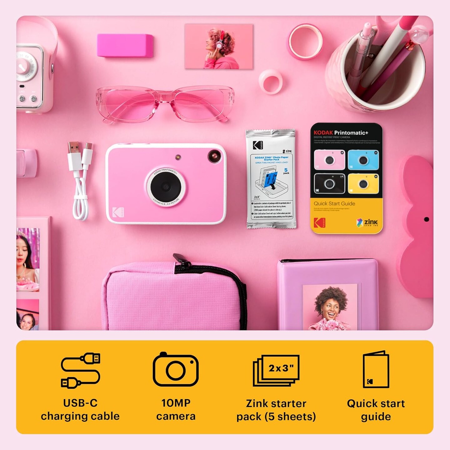 Kodak Printomatic+ Instant Print Digital Camera Starter Bundle + Carrying Case + Zink 20pk Sticky-Back Photo Paper - 10MP, Full-Color Photos, RGB LED Status Indicator