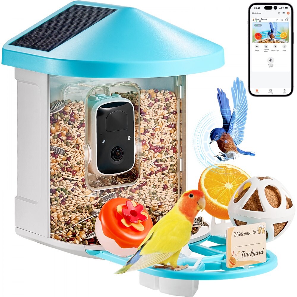 Blue Solar Smart Bird Feeder with 2K Camera, 3 Solar Panels and 2L Food Container