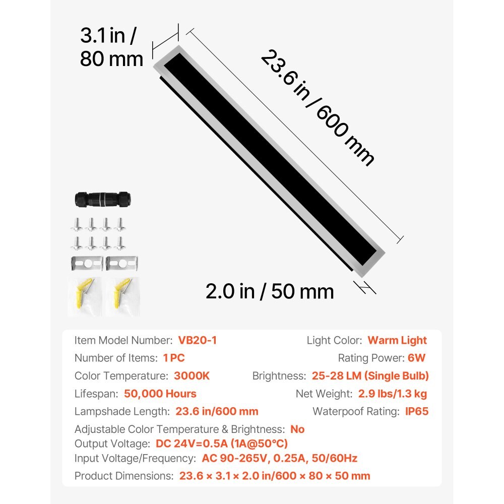 Warm Light Aluminum Outdoor Wall Lamp IP65 Waterproof 3000K LED 6W 23.6in