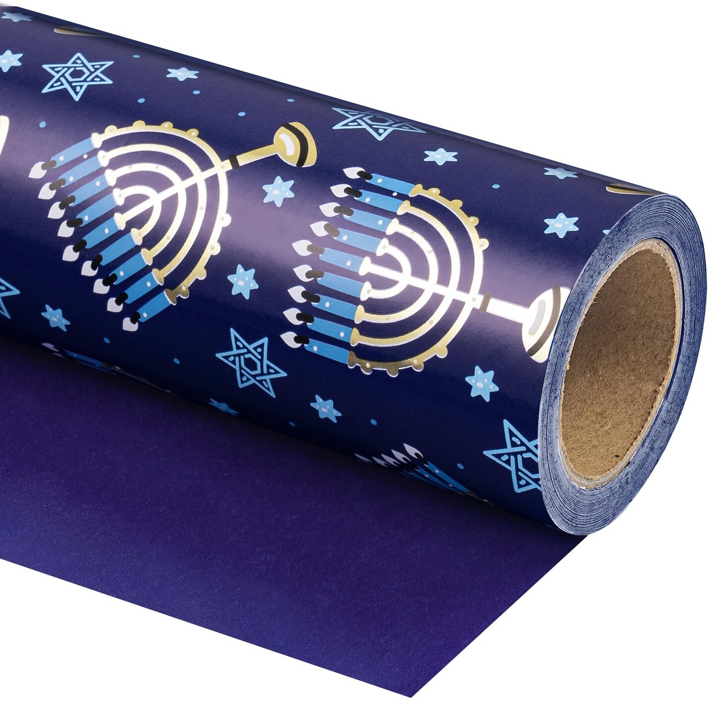 Reversible Hanukkah Wrapping Paper - Mini Roll - 17 Inch x 33 Feet - Blue Menorah Lights Chanukah Wrapping Paper Perfect for Hanukkah, Chanukah, Holiday