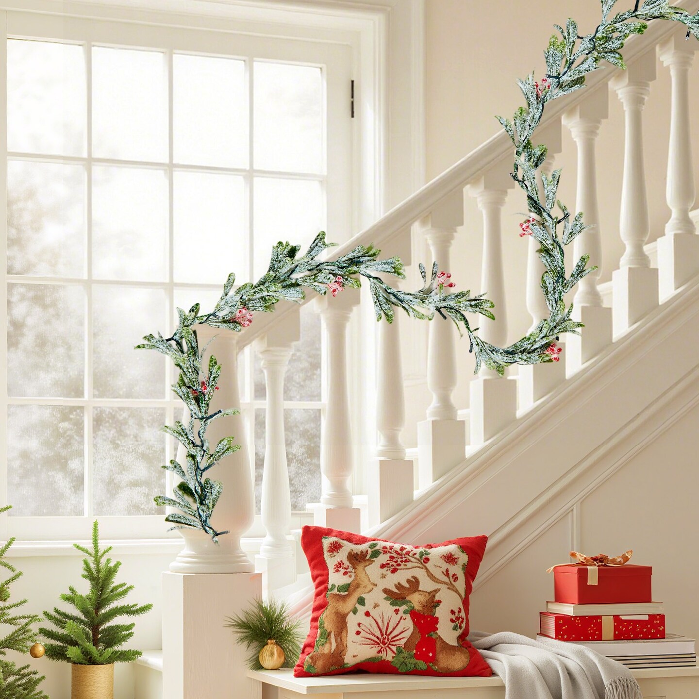 Christmas Garland with Lights Faux Greenery Olive Leaves and Berries for Mantel Decor