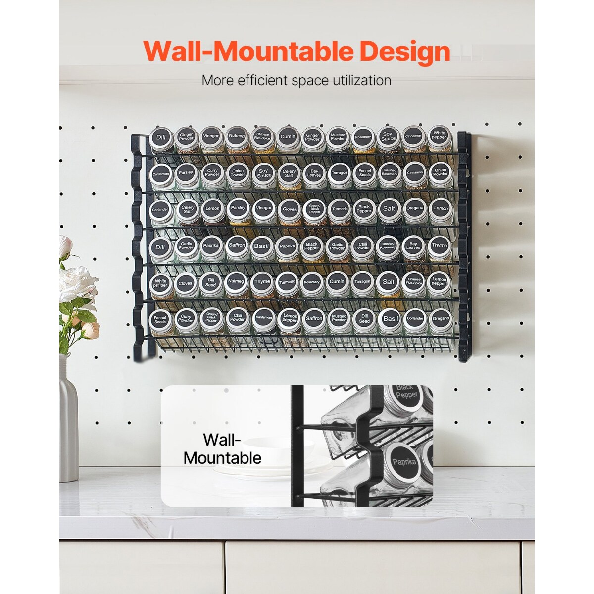 Steel Spice Rack Organizer with 36 Glass Jars Wall Mounted or Countertop Storage Shelf