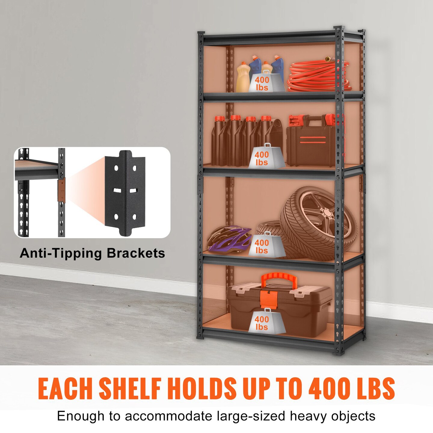 Black Carbon Steel Adjustable 5-Tier Garage Storage Rack with MDF Shelves