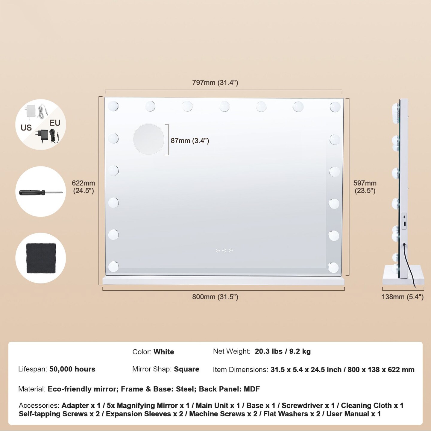 White LED Makeup Mirror with Touch Control, 3 Color Lights and 5X Magnifier