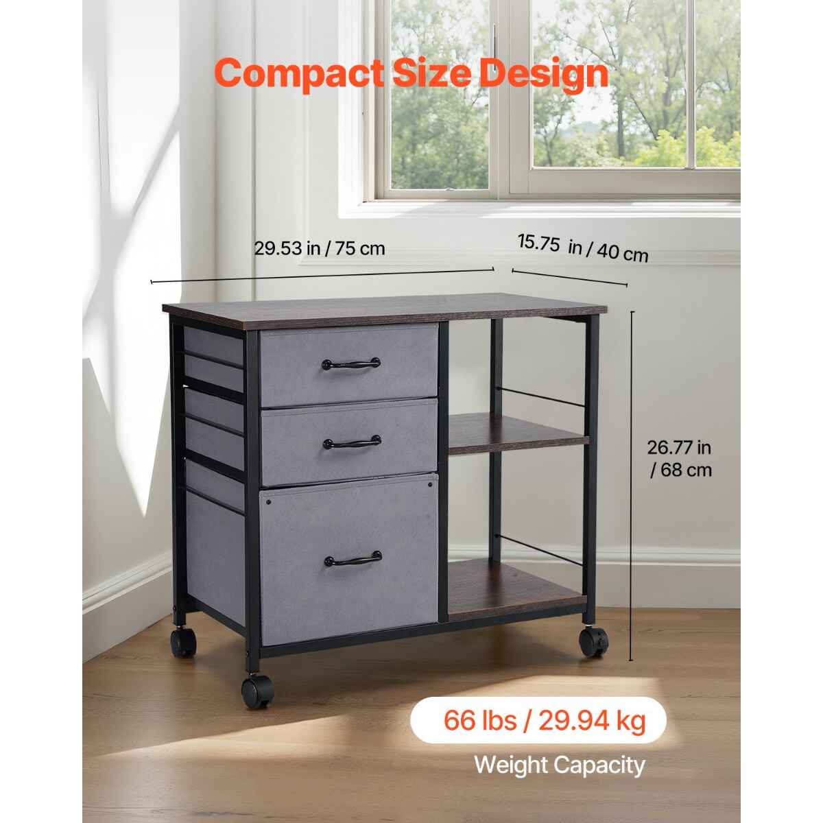 Mobile Metal File Cabinet with 3 Fabric Drawers and 2 Shelves Wooden Storage with Wheels