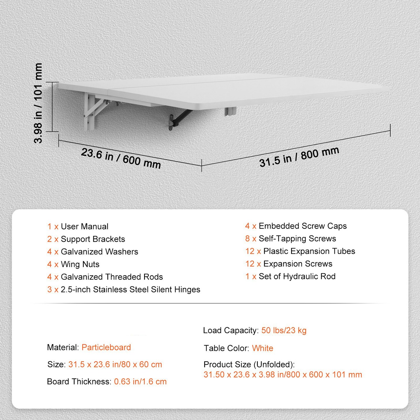 Wall Mount Foldable Desk Floating Table with Iron Bracket for Small Spaces White