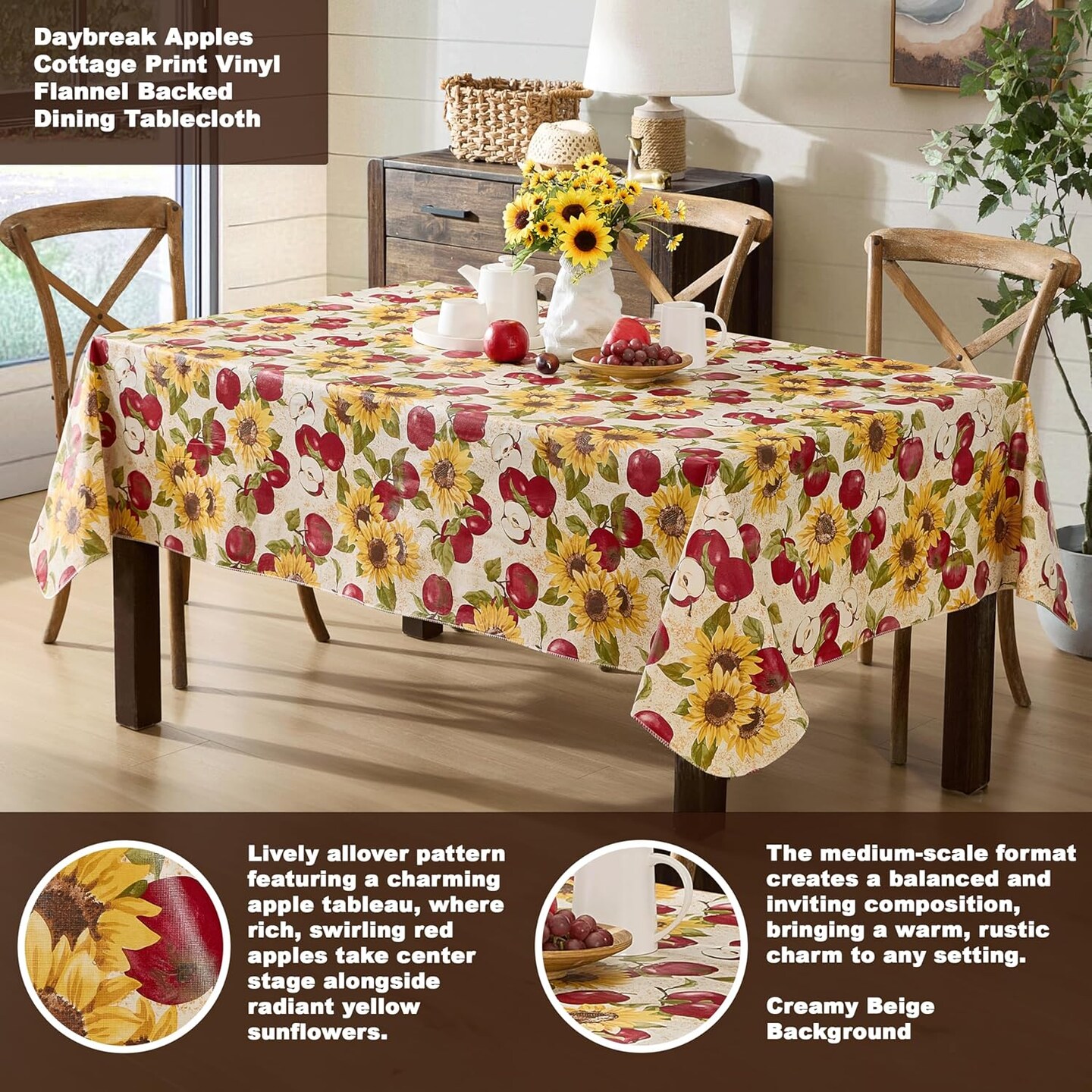 Spring Daybreak Apples 60 x 84 Inch Rectangle Vinyl Tablecloth with Flannel Backing, Indoor Outdoor Waterproof Vinyl Table Cover Holiday Parties and Dining, Red Apples and Sunflowers