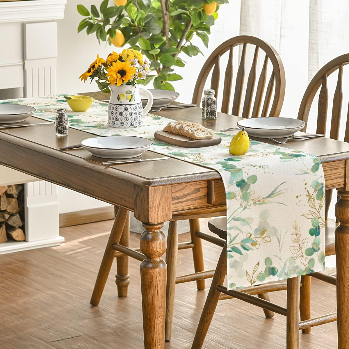 Beige Greenery Eucalyptus Summer Table Runner, Spring Seasonal Anniversary Holiday Kitchen Dining Table Decoration for Indoor Outdoor Home Party Decor