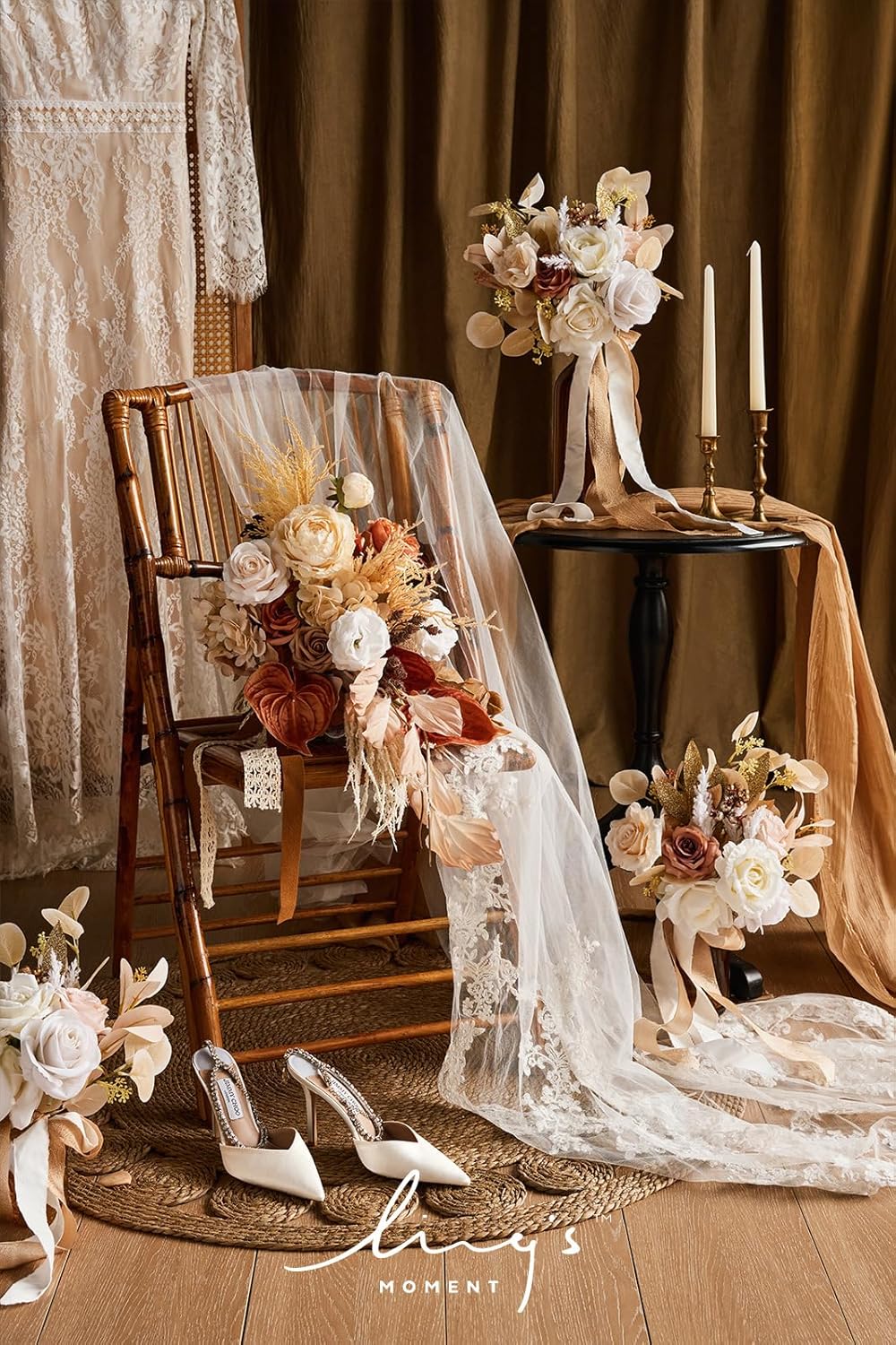 Artificial Flowers Boho Bridesmaid Bouquet Set of 4, White Beige Wedding Flowers Bouquets for Bridesmaids