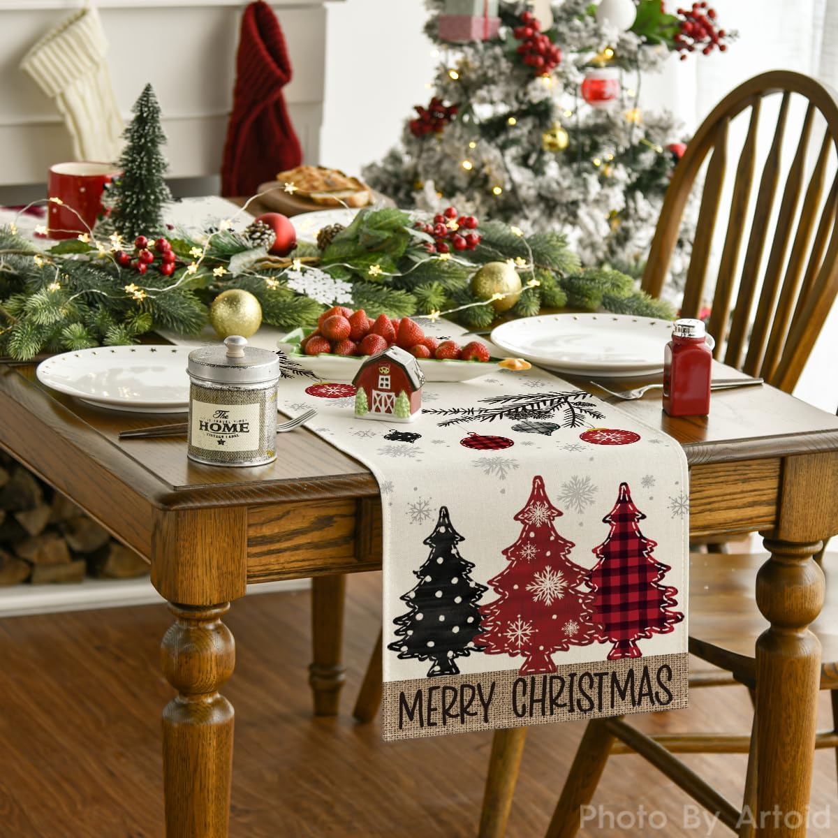 Red Pine Trees Merry Christmas Table Runner, Winter Xmas Holiday Kitchen Dining Table Decoration for Home Party Decor 13x72 Inch