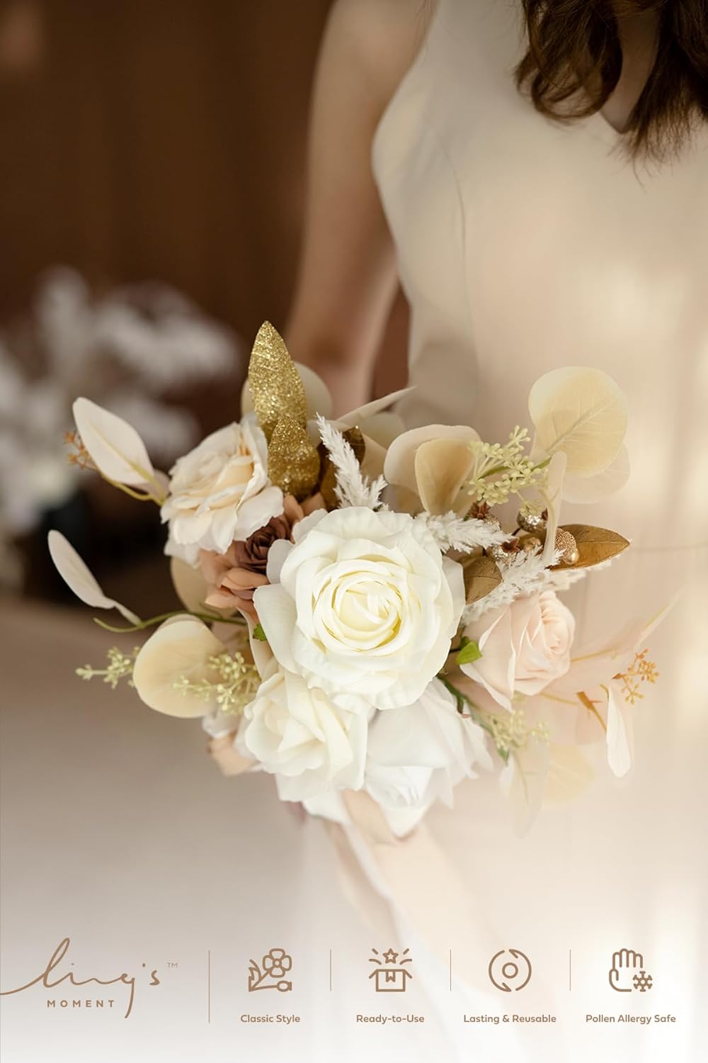 Artificial Flowers Boho Bridesmaid Bouquet Set of 4, White Beige Wedding Flowers Bouquets for Bridesmaids