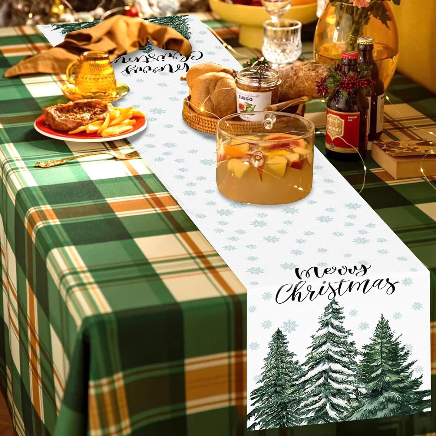 72 x 13 Inch Merry Christmas Table Runner - Snowflakes and Pine Trees Pattern for Holiday, Home, Kitchen, Mantel, Dining Table Decor, Winter Xmas Party Supplies