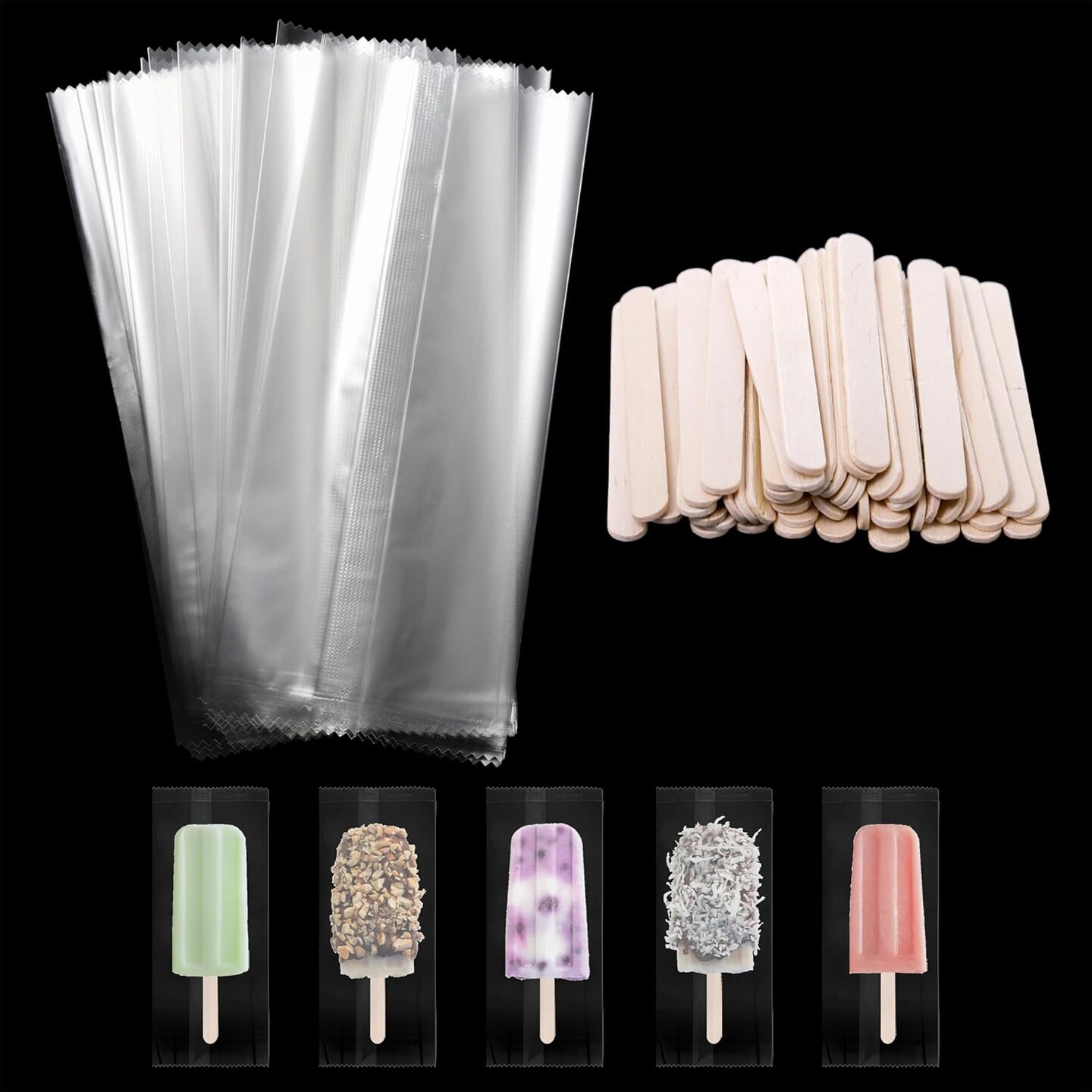 600 Pieces Popsicle Bags and Sticks Set, 300 PCS Disposable Plastic Popsicle Wrappers Clear Ice Cream Bags, 300 PCS Wooden Popsicles Sticks for DIY Making Cakesicle Candy Summer Party Supplies