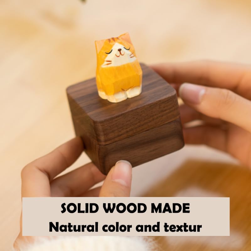 Hand-Carved Cat Wooden Ring Box - Magnetic Closure &#x26; Shockproof Sponge Vintage Jewelry Ring Holder Box, Personalized Square Wedding Ring Box
