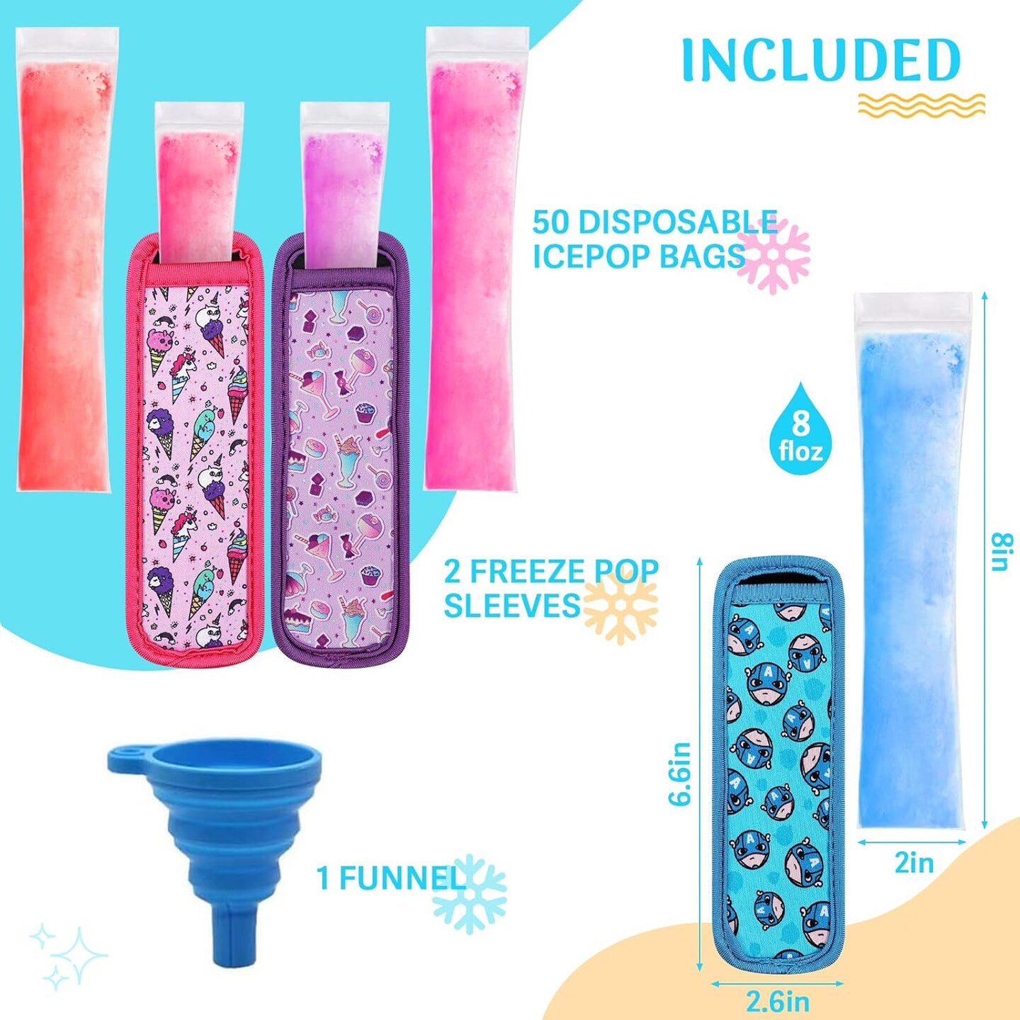 50-Pack Freezer Pop Bags Set – Disposable Ice Popsicle Molds with 2 Popsicle Holders for Kids, Zip-Seal Bags for Healthy Snacks, Yogurt Tubes, Juice, and Fruit Smoothie Popsicles